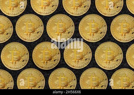 Bitcoins physische Münzen Nahaufnahme. Stockfoto