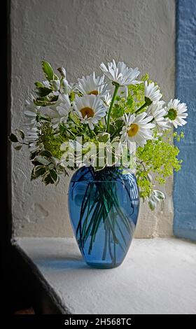 Gänseblümchen und andere Blumen in einer blauen Glasvase in einem Kirchenfenster in West Cork Irland Stockfoto