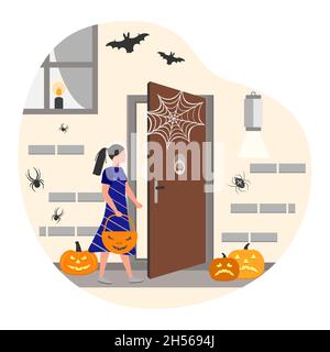 Vektor-Illustration Happy Halloween. Mädchen trägt festliche Kleidung zu feiern Halloween. Weibliche Kind steht vor Gericht vor der Tür Haus schmücken Stock Vektor