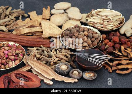 Natürliche chinesische Kräuterpflanzenmedizin mit Kräutern, Gewürzen und Akupunkturnadeln. Alternative ganzheitliche präventive Behandlung für eine Vielzahl von Krankheiten. Stockfoto