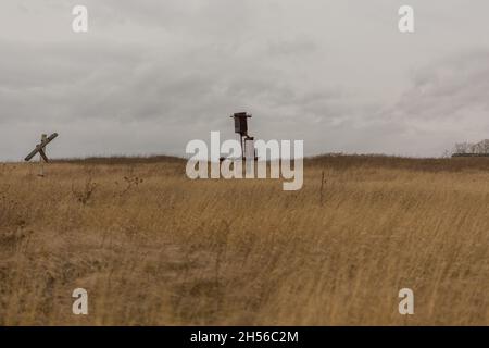 Ein alter Transformator ohne Kabel ist im Feld. Stockfoto