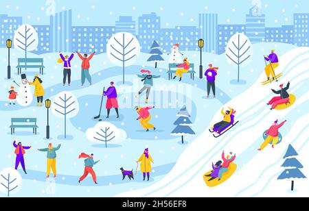 Menschen im Winter Stadtpark, Figuren Rodeln oder Schlittschuhlaufen. Familie macht Schneemann und Spaß im Winter Outdoor-Vektor-Illustration. Kinder, die Schneeballschlacht haben, Hockey spielen Stock Vektor