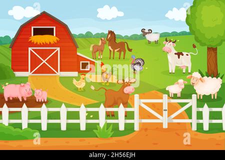 Cartoon Tiere leben auf dem Bauernhof, Kuh, Schaf, Huhn. Landschaft mit Scheune und Tierfiguren, ländliche Lifestyle-Vektor-Illustration. Haustiere, Außenlandschaft Stock Vektor