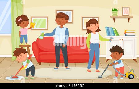 Familie Reinigung Haus, Kinder helfen Eltern bei der Hausarbeit. Vater und Mutter mit Kindern Staub- und Staubsaugen Boden Vektor-Illustration. Junge wischen, Mädchen polieren Rahmen am Wochenende Stock Vektor
