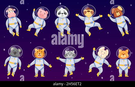 Cartoon Tier Astronauten, niedliche Tiere in Raum Anzüge. Lustige Panda, Hund, Waschbär, Tiger, Koala Charakter fliegen im Weltraum Vektor-Set. Charaktere erkunden das Universum, entdecken Galaxie Stock Vektor