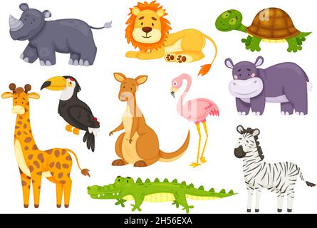 Cartoon lustige afrikanische Tiere, wilde Safari Tier. Niedlich Zebra, Nashorn, Flamingo, Giraffe, Krokodil, Vektorset für känguru, Löwen, Dschungel und Wildtiere. Niedliche exotische Fauna, Zoo-Charaktere isoliert auf weiß Stock Vektor