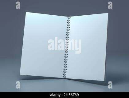 Leeres Spiral-Notizbuch auf hellblauem Hintergrund. Vorlage für Ihr Design. 3D-Rendering Stockfoto