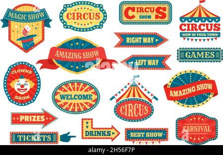 Circus-Labels und -Schilder, Retro-Fun-Fair-Karnevals-Schilder. Vintage Vergnügungspark Pointer, Festival Fairground Event Embleme Vektor-Set. Erstaunliche Zaubershow, Tickets und Preise Pfeile Stock Vektor