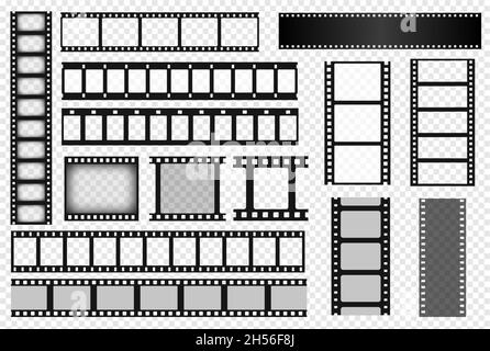 Filmstreifen im Kino, alter Film-Rollenrahmen, Filmstreifen-Rolle. Vintage Foto oder Videokamera Tape Vorlage, leere Negativfilme Streifen Vektor-Set. Monochromer Retro-Rand isoliert auf transparent Stock Vektor