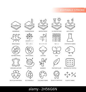 Stoffmaterial Feature Live Vektor Icon Set. Symbole für Merkmale und Eigenschaften von Fabrics, bearbeitbare Kontur. Stock Vektor