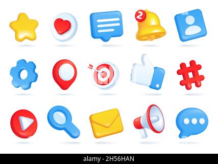3d-Symbole für soziale Medien, Online-Kommunikation, Symbole für digitales Marketing. Wie-Taste, Sprechblase, Benachrichtigungsglocke, Hashtag-Symbolvektor gesetzt. Elemente für Netzwerkstandorte und Anwendungen Stock Vektor
