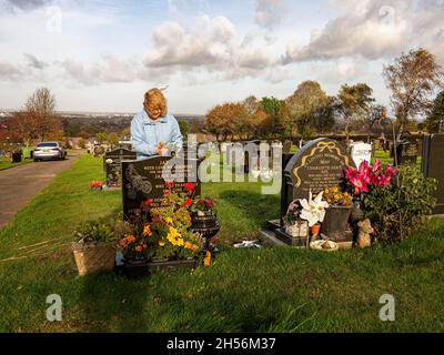 Reife Dame legt an einem sonnigen, aber windigen Tag Rosen auf ein Grab Stockfoto