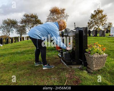 Reife Dame legt an einem sonnigen, aber windigen Tag Rosen auf ein Grab Stockfoto
