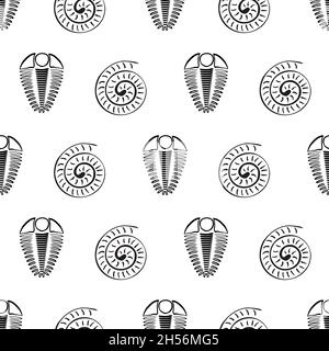 Ammonit Trilobiten Vektor nahtlose Muster Hintergrund. Handgezeichnete spiralförmige Muschel-Cepalopoden und Arthropoden-Rippenfossilien. Monochromer Hintergrund Stock Vektor