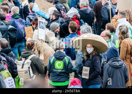 Amsterdam, Niederlande, 06. November 2021. Junge Frau in der Menge, gekleidet als Climat-Pilz im Climat March. Kredit: Steppeland/Alamy Live Nachrichten Stockfoto