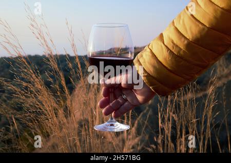 Ein Glas Rotwein in weiblicher Hand in den Strahlen der untergehenden Sonne auf einem Hintergrund von Herbstgras Stockfoto