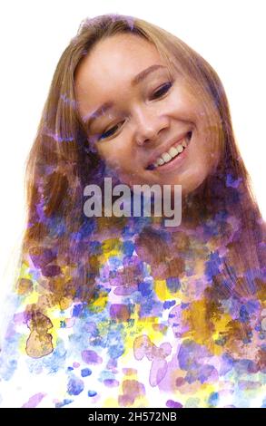 Ein Porträt einer Frau kombiniert mit einem Gemälde in einer Paintographie-Technik. Stockfoto