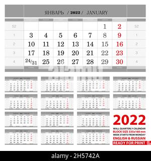 2022 Wandkalender in russischer und englischer Sprache. Die Woche beginnt ab Montag. Vektorkalender. Stock Vektor