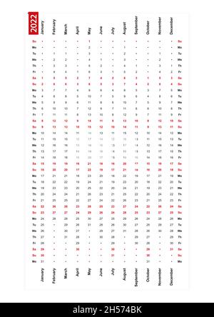 Eine Reihe vertikaler Kalender 2022, sonntag erster Tag der Woche. Vektorkalender. Stock Vektor