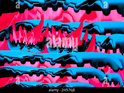 Abstrakte Kunst. Helle Landschaft mit schmelzenden blauen und rosafarbenen Elementen. Stockfoto