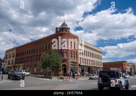 Leadville, Colorado, USA. Lokale Händler säumen die historische Straße der Harrison Ave Stockfoto