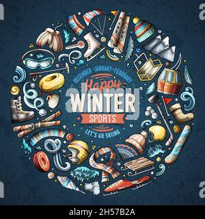 Bunte Vektor Hand gezeichnet Satz von Wintersport Cartoon Doodle Objekte, Symbole und Elemente. Runder Rahmen Stock Vektor