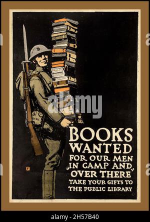 1900 Vintage WW1 USA Propaganda Poster Bücher gesucht Für unsere Männer im Lager und "Drüben", das Plakat von Charles Schnallen fällt, 1918. Eure Gaben der Öffentlichen Bibliothek Stockfoto