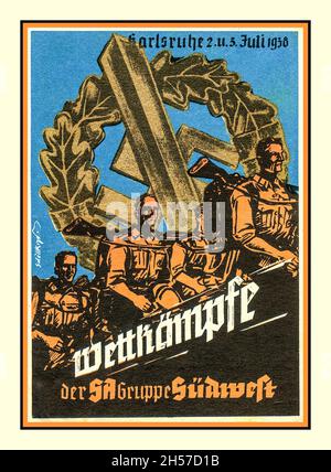 Sturmabteilung SA Nazi-Propaganda-Plakatkarte 'Parade-Treffen der SA-Gruppe Südwest-Karlsruhe 2. Und 3. Juli 1938', Propaganda-Plakatkarte mit Darstellung der marschierenden SA-Kämpfer und ihrem Nazi-Abzeichen im Hintergrund Nazi-DeutschlandDie Sturmabteilung SA war der ursprüngliche paramilitärische Flügel der Nazi-Partei. Sie spielte eine wichtige Rolle beim Aufstieg Adolf Hitlers an die Macht in den 1920er und 1930er Jahren. Ihre Hauptziele waren der Schutz von Nazi-Kundgebungen und Versammlungen Stockfoto