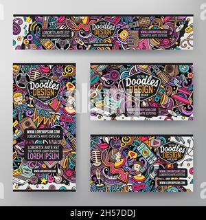 Cartoon-Vektor-Doodle-Satz von Audio-Content-Corporate Identity-Vorlagen. Bunte lustige Banner, id-Karten, Flayer für den Einsatz auf Branding, Einladungen Stock Vektor