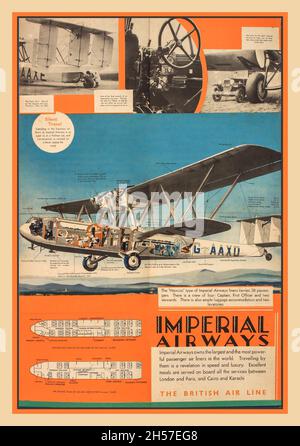 Imperial AIRWAYS Vintage 1900s Werbeplakat für Imperial Airways, „The British Air Line“-Dienste zwischen London Paris Cairo und Karachi Imperial Airways war die frühe britische kommerzielle Langstreckenfluggesellschaft, die von 1924 bis 1939 operierte und hauptsächlich die Strecken des British Empire nach Südafrika, Indien und dem Fernen Osten ansteuerte, Einschließlich Australien, Malaya und Hongkong. Stockfoto