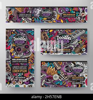 Cartoon Vektor Doodle Satz von Disco Music Corporate Identity Vorlagen. Bunte lustige Banner, id-Karten, Flayer für die Verwendung auf Branding, Einladungen, Stock Vektor