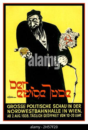 „DER EWIGE JUDE“ Nazi-antijüdischer Rassismus antisemitisches Poster Gelbes Poster mit einer Illustration eines stereotypen jüdischen Mannes, der einen Stock und eine Karte mit dem kommunistischen Hammer und Sichel in der einen Hand und Münzen in der anderen hält. Enthält den Titel „der Ewige Jude“ in der Schrift, die Hebräisch spiegelt. Um die antisemitischen Ziele der Nazis weiter zu fördern, wurde 1937 eine Wanderausstellung mit dem Namen „der Ewige Jude“ geschaffen. Nazi-Deutschland Stockfoto