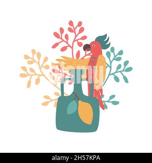 Niedlicher Papagei mit Vase und schlanken Vektorgrafik. Abstraktes Boho-Poster Stock Vektor