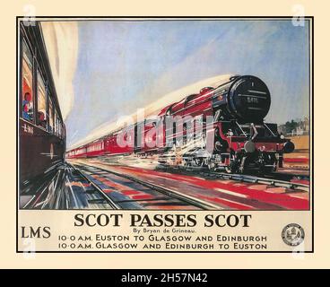 Vintage ‘SCOT PASSIERT SCOT’ Dampfeisenbahnplakat von Bryan de Grineau aus dem Jahr 1937, der das Kunstwerk für dieses Vintage-Dampfeisenbahnplakat aus dem Jahr 1937 schuf. Es verfügt über zwei rote LMS-Dampflokomotiven, die sich mit hoher Geschwindigkeit überfahren und für die London Midland & Scottish Railway (LMS) hergestellt wurden, um die Verbindungen zwischen den Bahnhöfen Edinburgh, Glasgow und London Euston zu fördern. Stockfoto