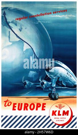 Nach Europe KLM von Joop H. Van Heusden (1920-2013). Restauriertes Vintage-Poster, das 1953 in den Niederlanden veröffentlicht wurde. Stockfoto