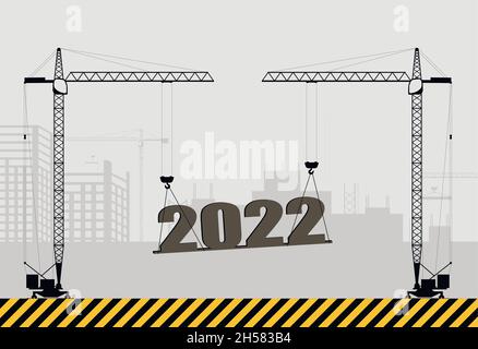 Neujahrskarte. Turmbaukrane heben die Zahlen für das neue Jahr 2022 an. Flache Vektorgrafik. Stock Vektor