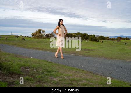 Junge asiatische Frau, die mit Gänsen läuft Stockfoto