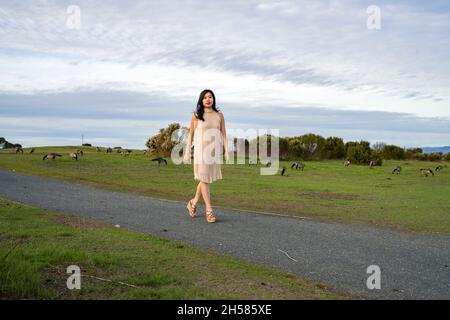 Junge asiatische Frau, die mit Gänsen läuft Stockfoto