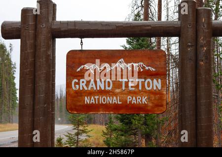 Eintrittsschild zum Grand Teton National Park, Wyoming Stockfoto