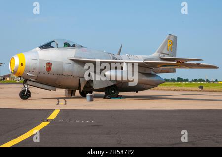 Saab J29 Tunnan, bekannt als Flygande Tunnan - das fliegende Fass - des Historic Flight der schwedischen Luftwaffe. Jet-Kampfflugzeug auf der RAF Waddington Airshow Stockfoto