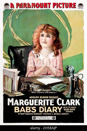 Altes und altes Film-/Filmplakat für den amerikanischen Romantikkomödienfilm Bab's Diary (1917) feat Marguerite Clark. (Adolph Zukor). Stockfoto