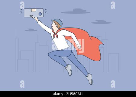Konzept der Superpower und Internet-Technologien. Lächelnder Mann Geschäftsmann fliegt in Superman Umhang mit Smartphone in den Händen Vektor-Illustration Stock Vektor