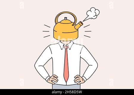 Stress und Überlastung Erschöpfung Konzept. Geschäftsmann Körper mit kochendem Kessel statt Kopf Bedeutung Stress und Wut Vektor Illustration Stock Vektor
