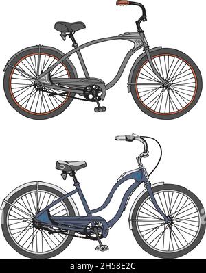 Die vektorisierte Handzeichnung von zwei Retro-Fahrrädern Stock Vektor