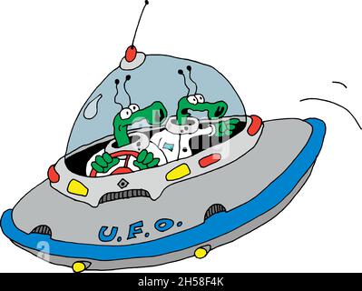 Die vektorisierte Handzeichnung von zwei lustigen Aliens in einer fliegenden Untertasse Stock Vektor