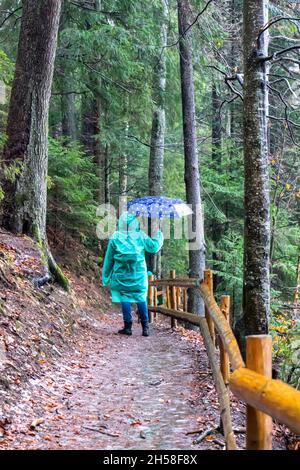 Frau mit Kindern auf Regenmänteln, die auf einem eisbedeckten Weg um den von Eis bedeckten See Synevyr, die Karpaten, Ukraine, wandern Stockfoto