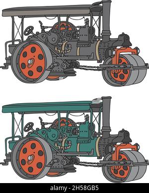 Die vektorisierte Handzeichnung von zwei Vintage-Dampfstraßenwalzen Stock Vektor
