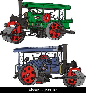 Die vektorisierte Handzeichnung von zwei Vintage-Dampfstraßenwalzen Stock Vektor