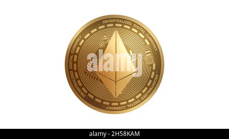 3D-Rendering von Gold Ethereum ETH Cryptocurrency Sign isoliert auf weißem Hintergrund Stockfoto