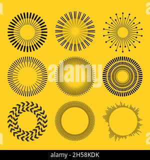 Vektor-Set von Kreis geometrische Ornamente. . Dekorative Runde Einrichtung. Sonnenuntergang. Vektordarstellung auf gelbem Hintergrund isoliert. Stock Vektor